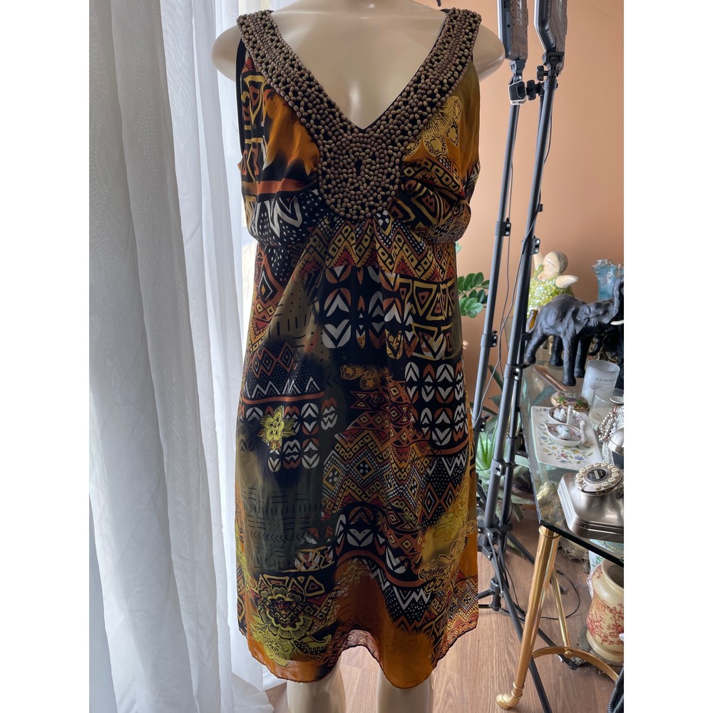 Another Thyme Tribal Print Beaded V-Neck Shift Dress Brown Orange Womens 10